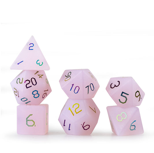 Ensemble de 7 dés polyédriques plaqués opaline rose