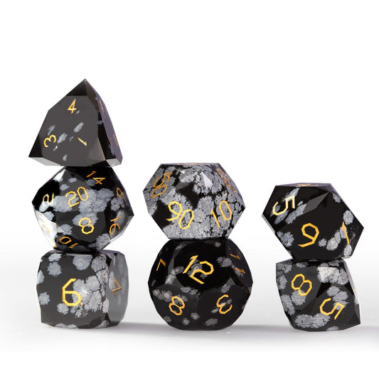 Ensemble de 7 dés en obsidienne flocon de neige taillée en diamant
