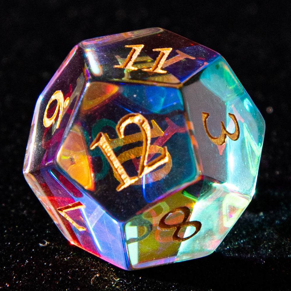 Multi-faceted Prism Glass Gemstone Engraved Dice Set (Colour)