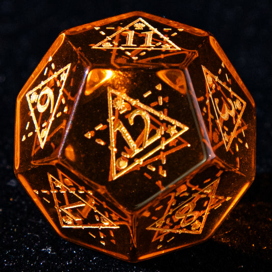 D&D Multi-faceted Dichroic Glass Engraved Dice Set Astrology Gold Inked