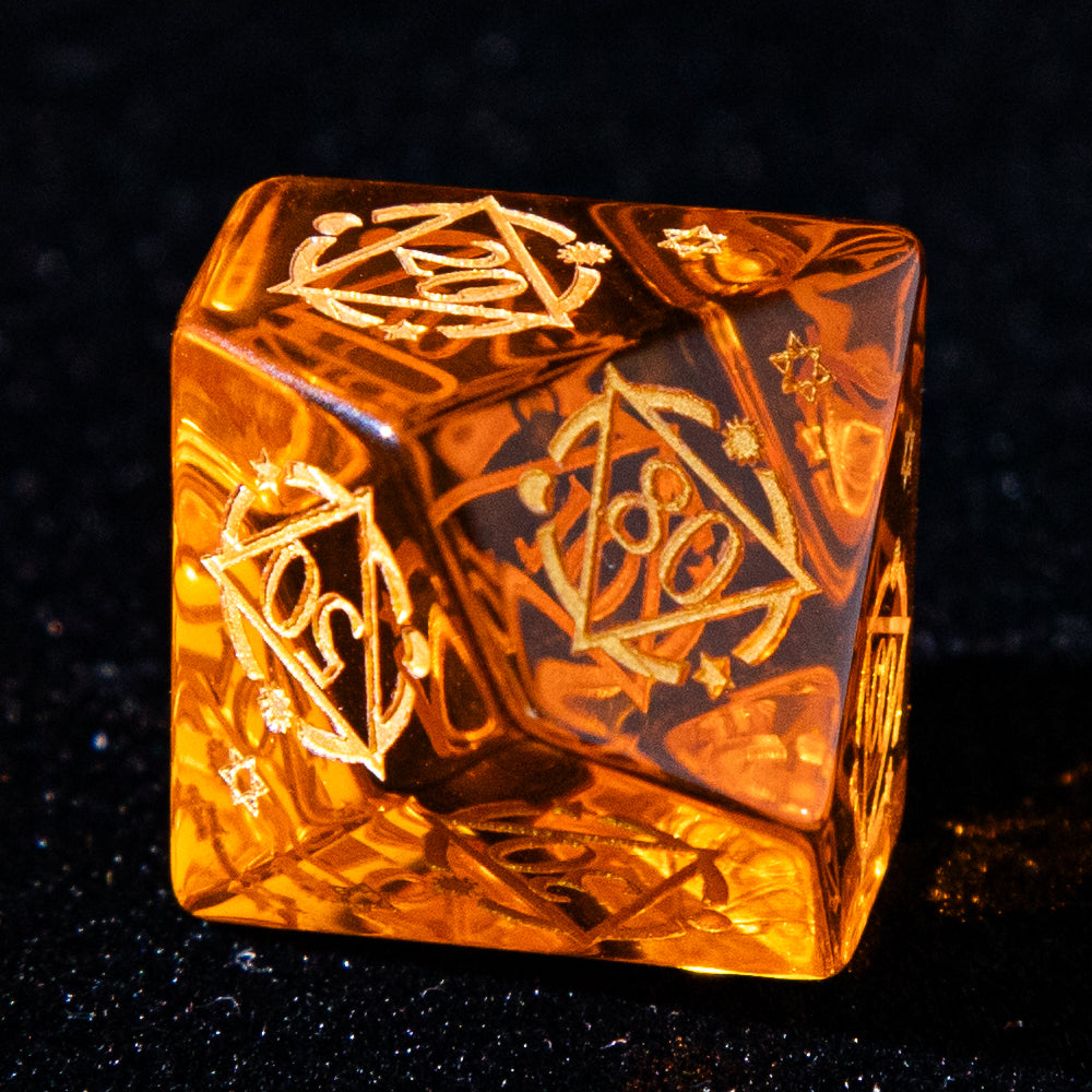 Sanseking D&D Multi-faceted Dichroic Glass Engraved Dice Set Astrology Gold Inked