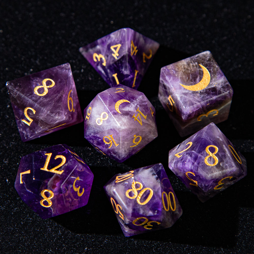 Sanseking D&D Amethyst Gemstone Engraved Dice Set Moon (Purple)