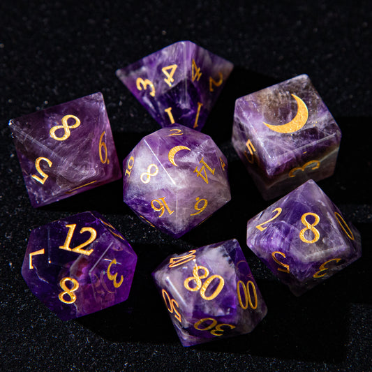 D&D Amethyst Gemstone Engraved Dice Set Moon (Purple)