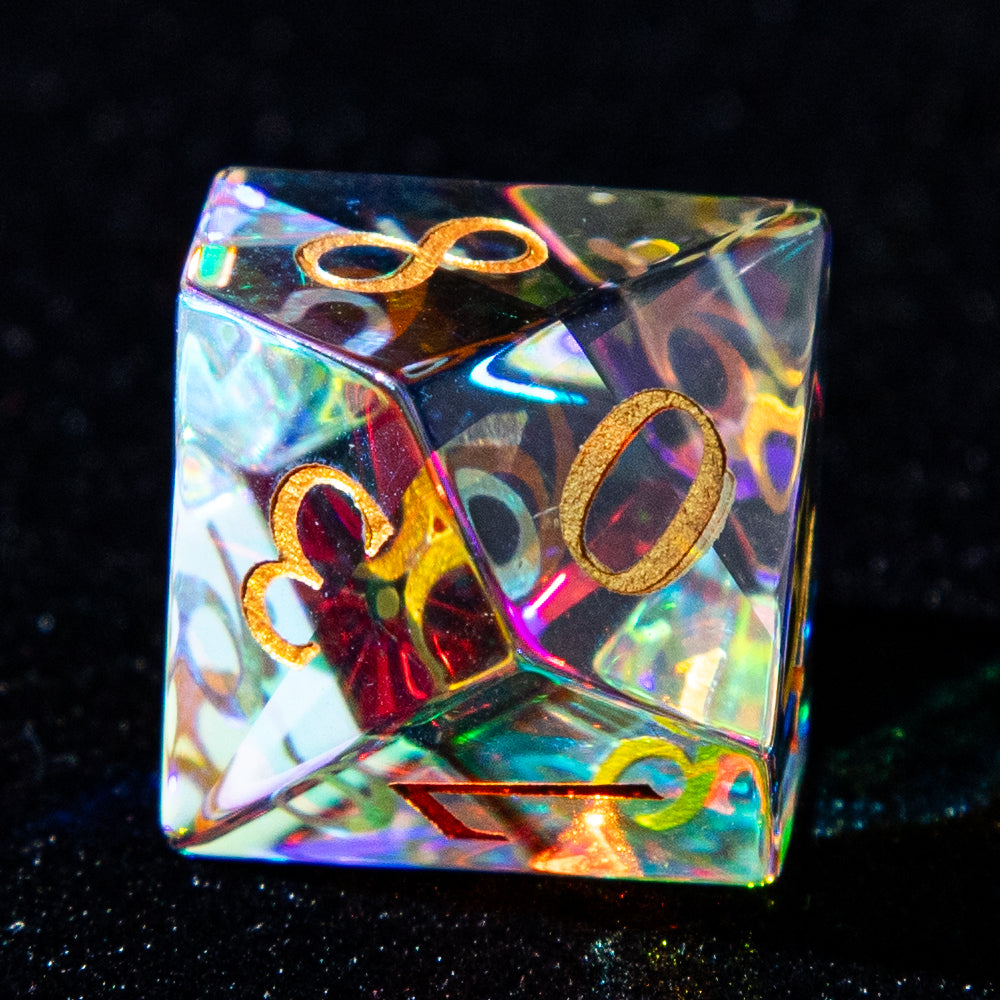 Multi-faceted Prism Glass Gemstone Engraved Dice Set (Colour)