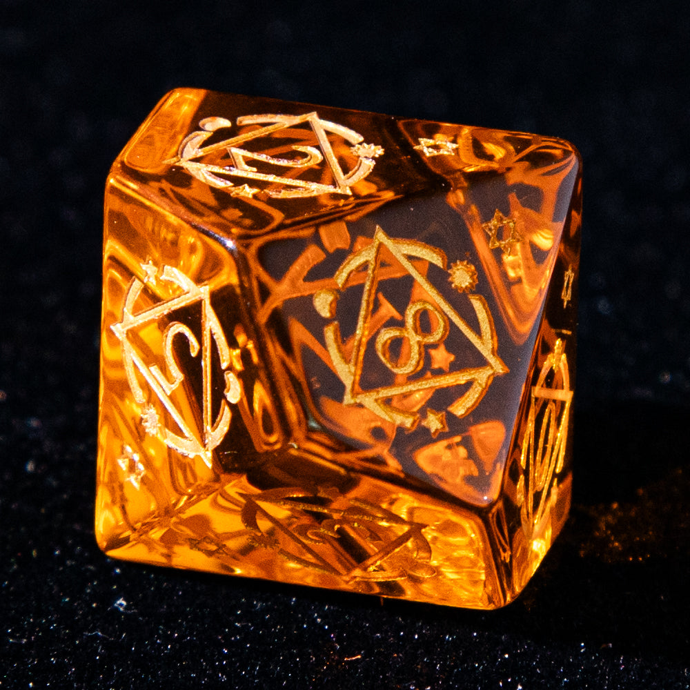Sanseking D&D Multi-faceted Dichroic Glass Engraved Dice Set Astrology Gold Inked