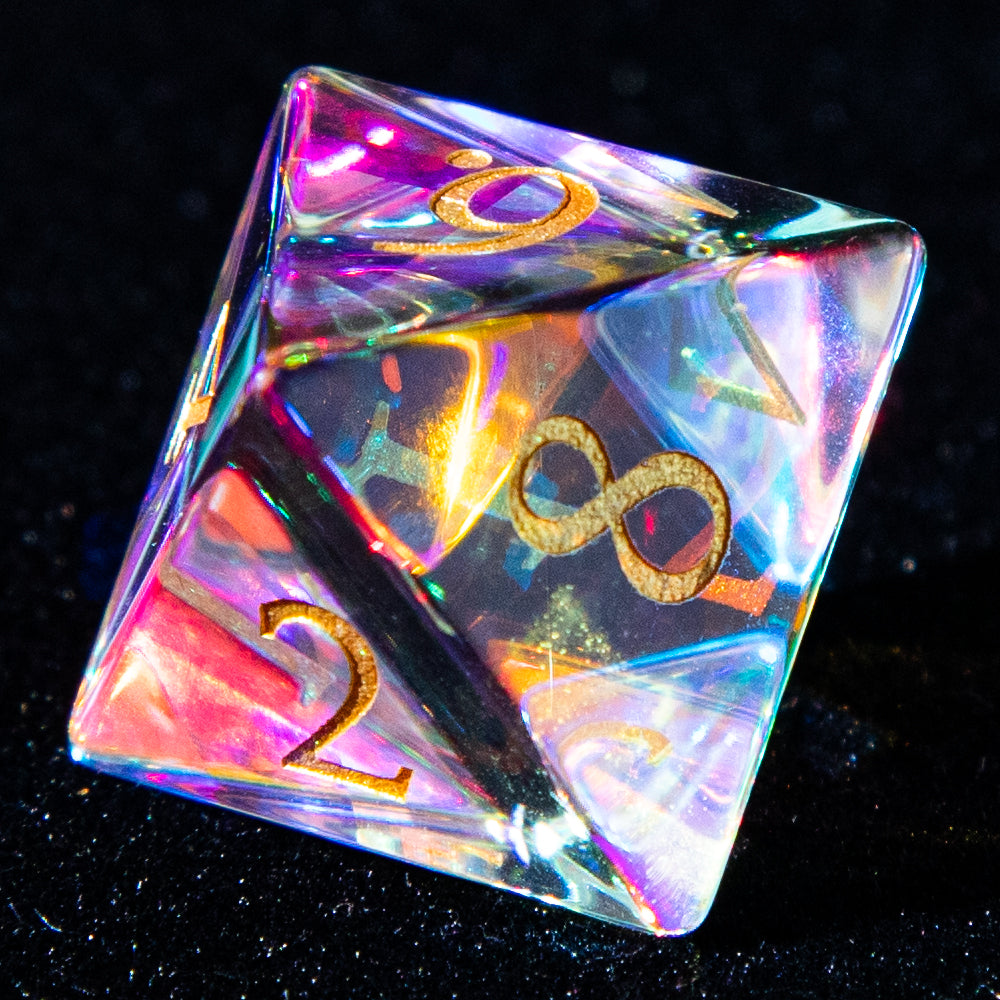 Multi-faceted Prism Glass Gemstone Engraved Dice Set (Colour)