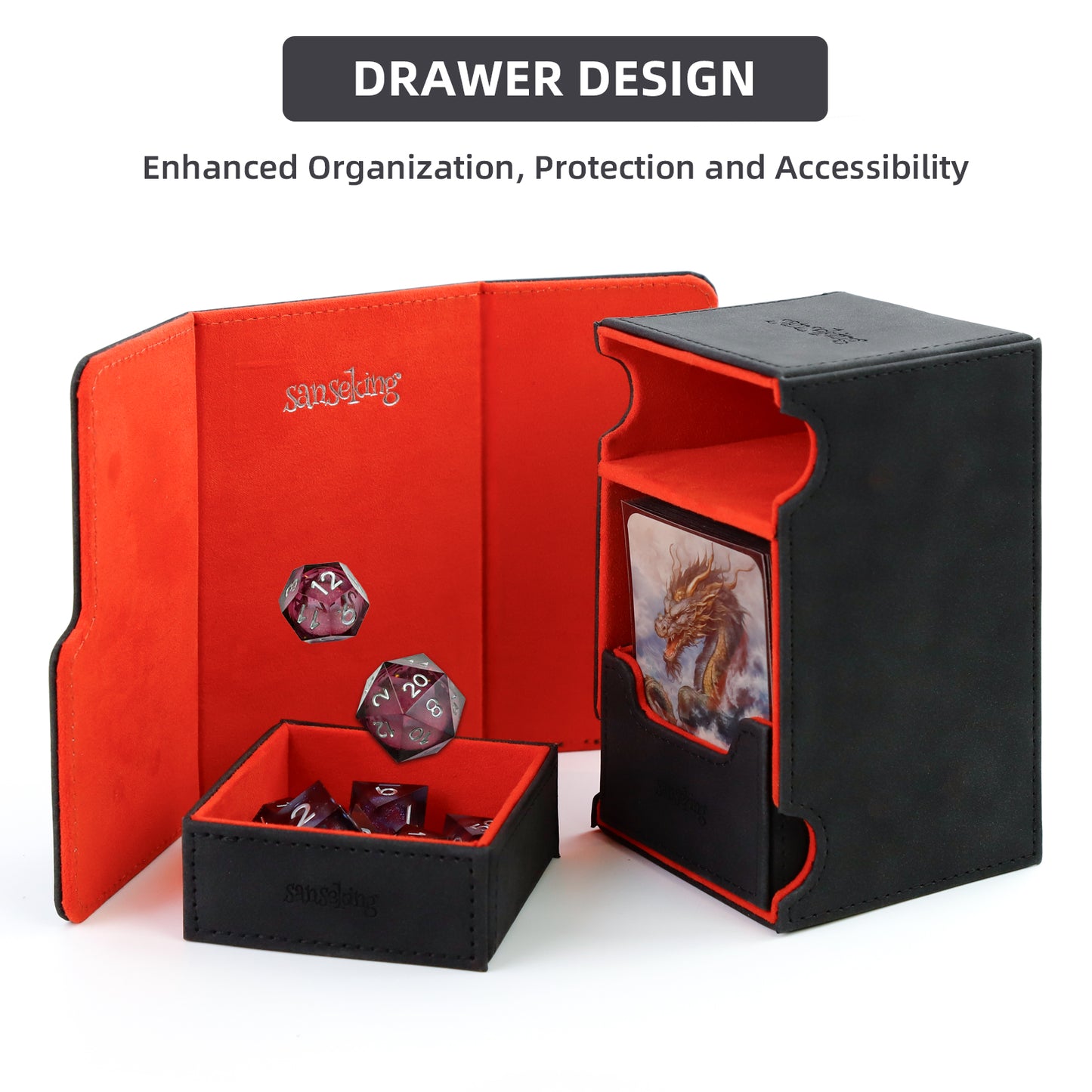 Sanseking TCG Commander Deck Box for MTG Commander Deck Box with Dice Tray Lamb Leather Tcg Deck Box Magic Commander Deck Box for MTG TCG CCG (Black)