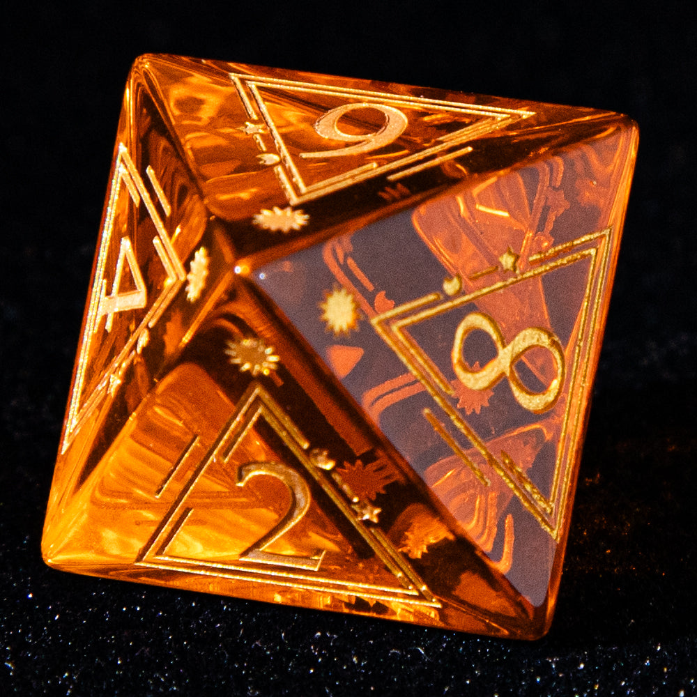 Sanseking D&D Multi-faceted Dichroic Glass Engraved Dice Set Astrology Gold Inked