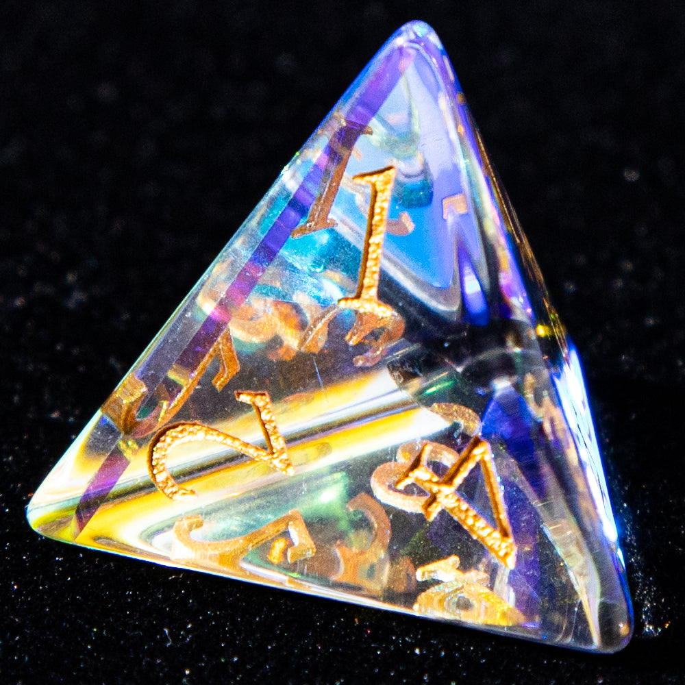 Multi-faceted Prism Glass Gemstone Engraved Dice Set (Colour)