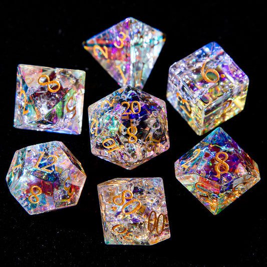 D&D Multi-faceted Prism Glass Gemstone Engraved Dice Set (Colour)