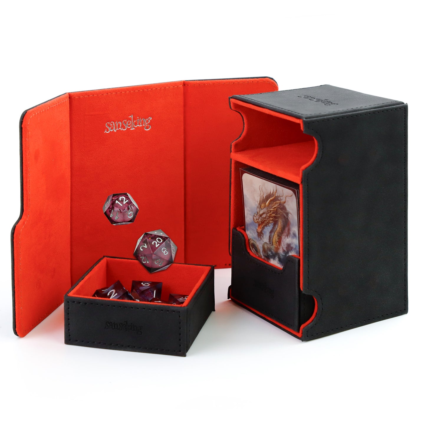 Sanseking TCG Commander Deck Box for MTG Commander Deck Box with Dice Tray Lamb Leather Tcg Deck Box Magic Commander Deck Box for MTG TCG CCG (Black)