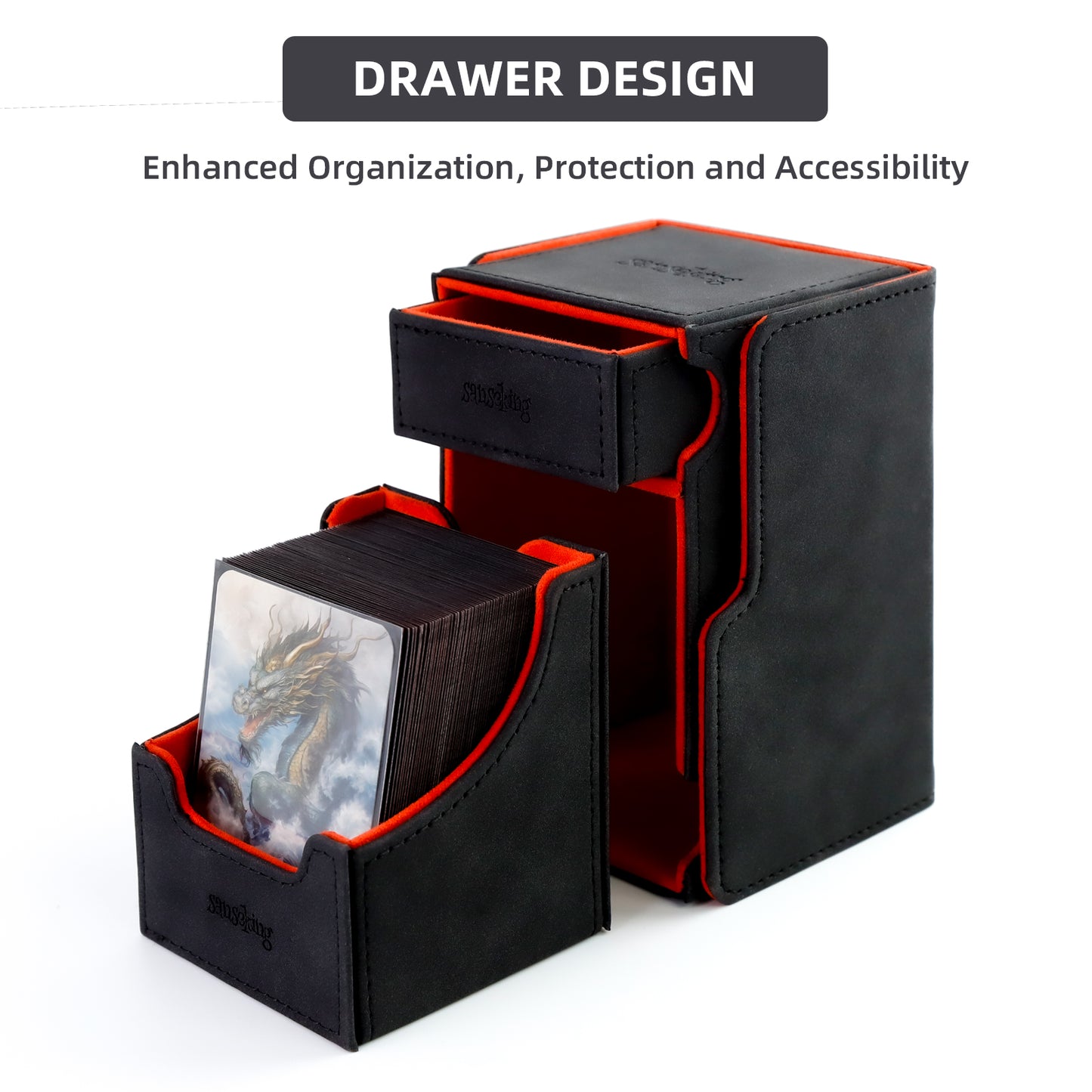 Sanseking TCG Commander Deck Box for MTG Commander Deck Box with Dice Tray Lamb Leather Tcg Deck Box Magic Commander Deck Box for MTG TCG CCG (Black)