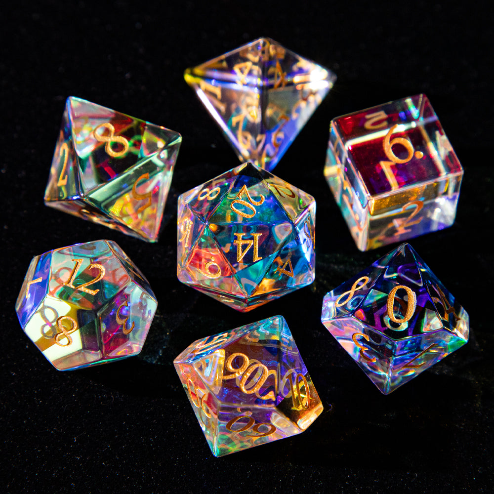 Multi-faceted Prism Glass Gemstone Engraved Dice Set (Colour)