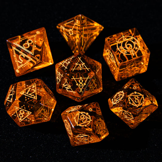 D&D Multi-faceted Dichroic Glass Engraved Dice Set Astrology Gold Inked