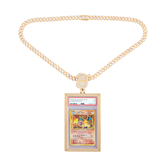 Sanseking Radiance gold pendant case necklace holding a PSA graded card