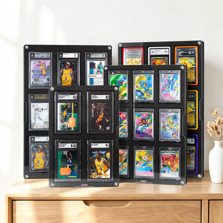 Carbon-fiber-finish card display frames on a shelf