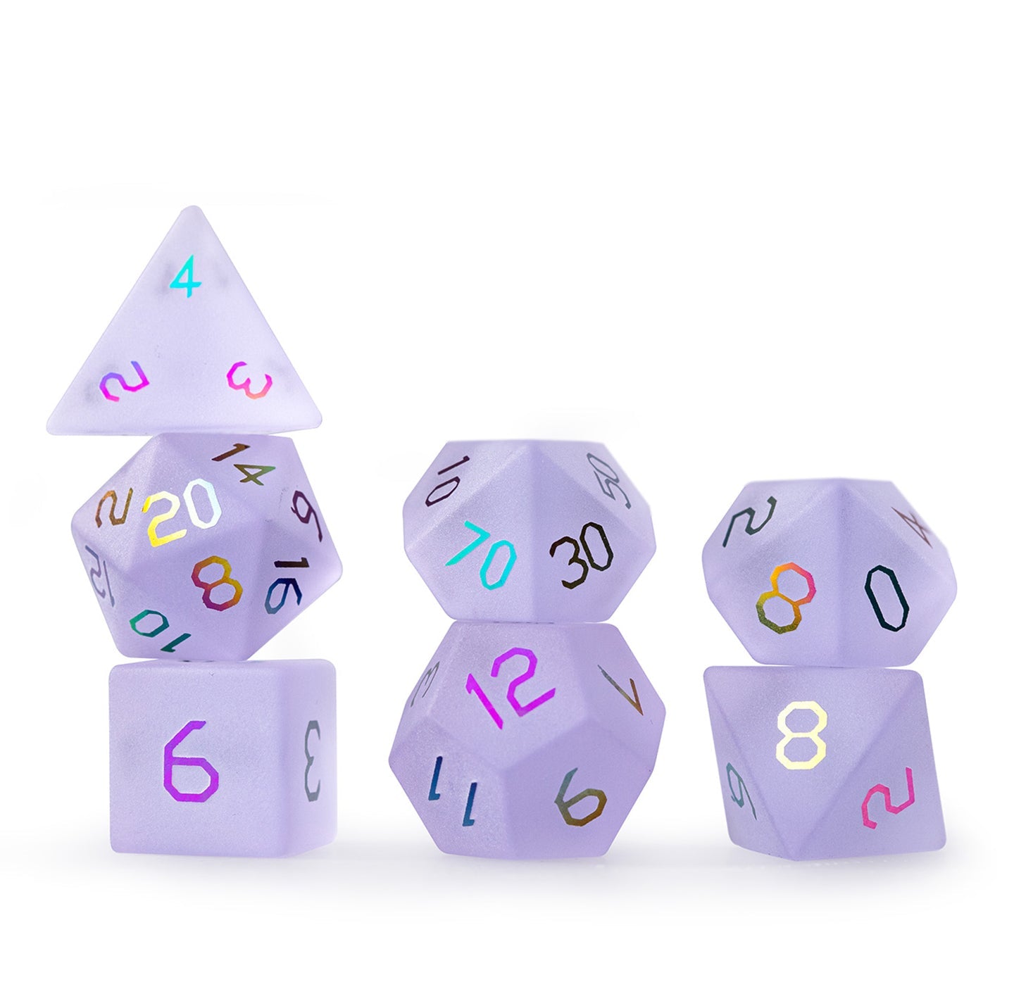 Ensemble de 7 dés polyédriques plaqués verre violet améthyste 