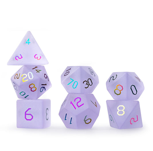 Ensemble de 7 dés polyédriques plaqués verre violet améthyste 