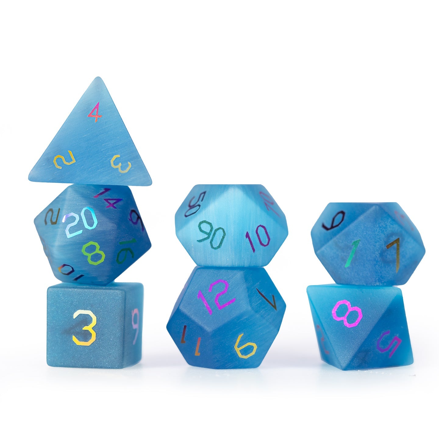 Ensemble de 7 dés polyédriques bleu océan à motif œil-de-chat 
