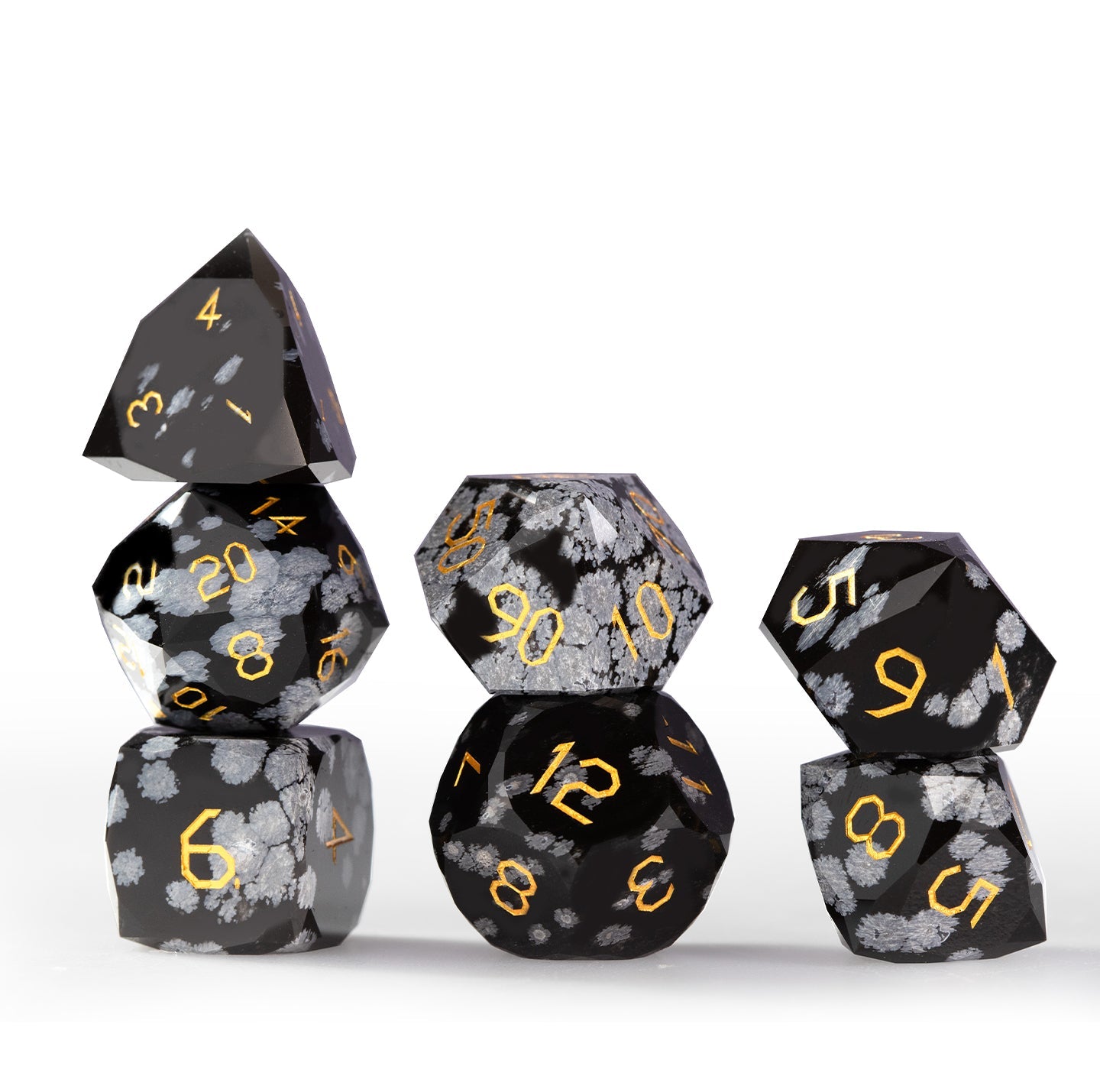 Ensemble de 7 dés en obsidienne flocon de neige taillée en diamant 