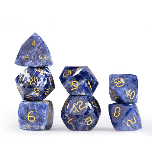 Ensemble de 7 dés à facettes diamantées en pierre à veines bleues 