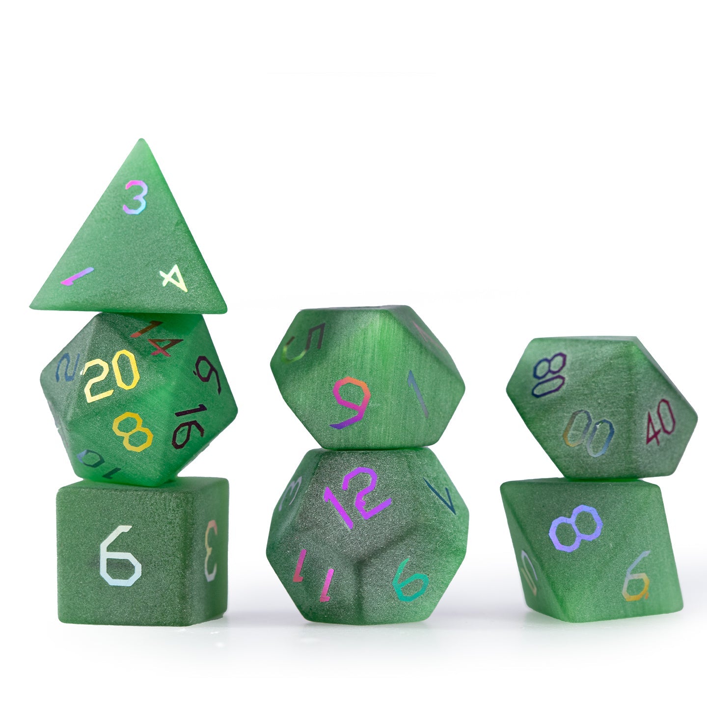 Ensemble de 7 dés polyédriques plaqués œil-de-chat émeraude 