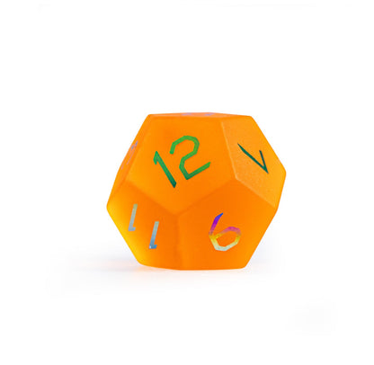 Ensemble de 7 dés polyédriques en verre plaqué orange ambré 