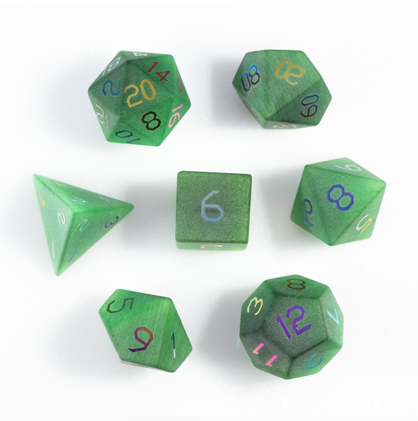 Ensemble de 7 dés polyédriques plaqués œil-de-chat émeraude 