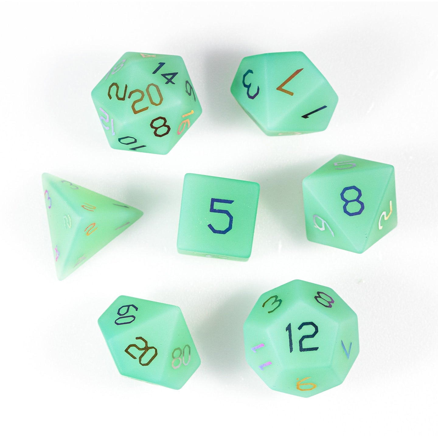Ensemble de 7 dés polyédriques plaqués opaline verte 