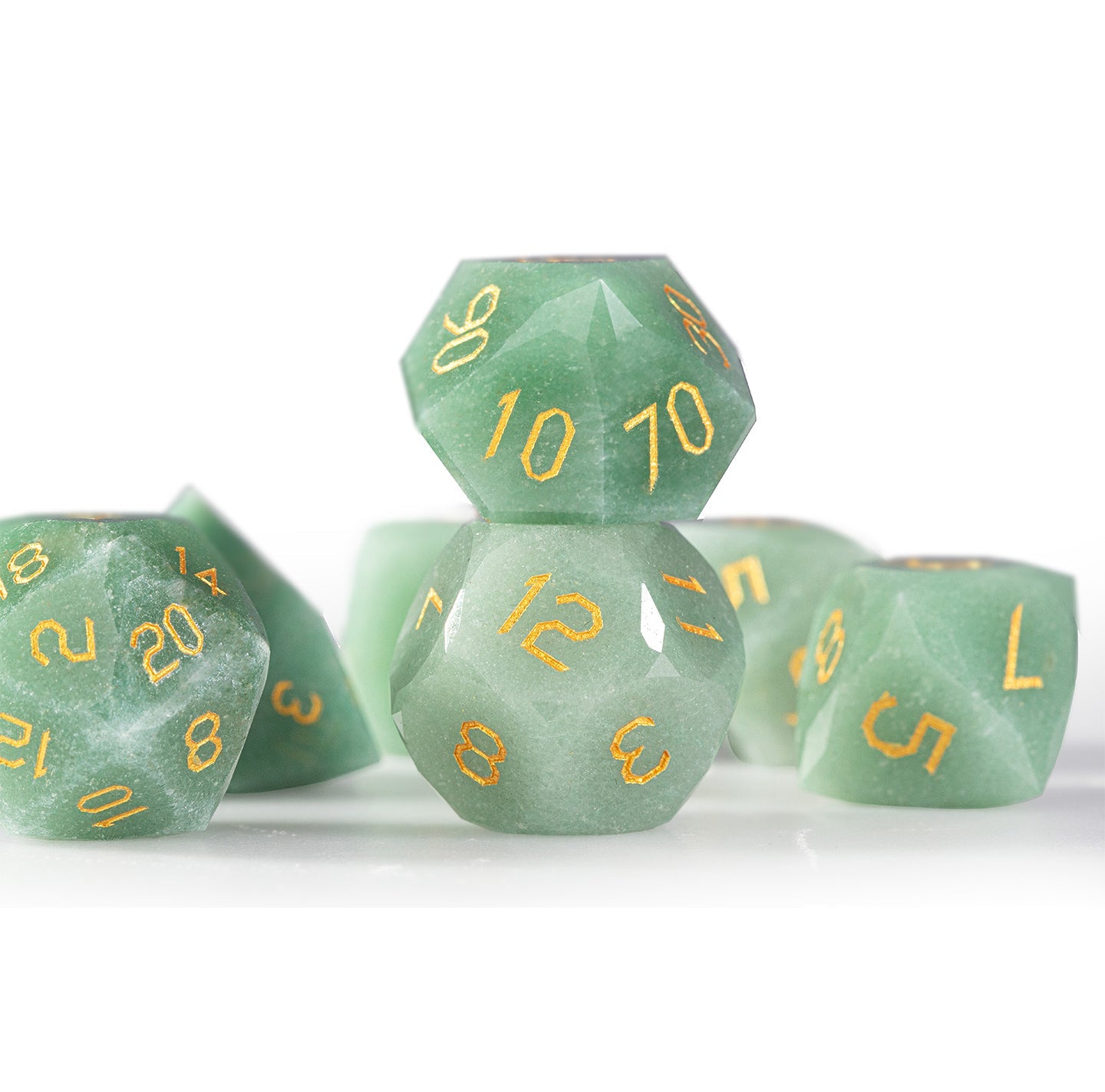 Ensemble de 7 dés en aventurine verte taillée en diamant 