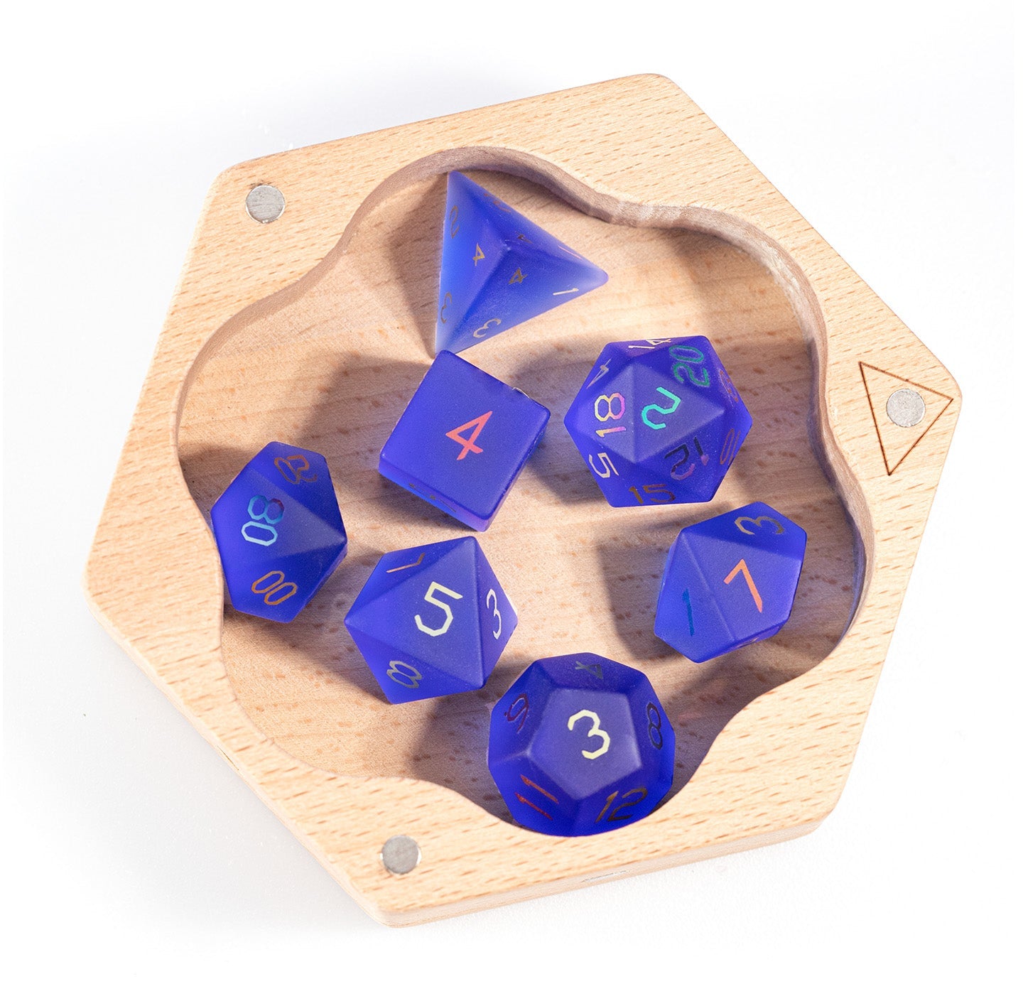Ensemble de 7 dés polyédriques en verre bleu royal plaqué 