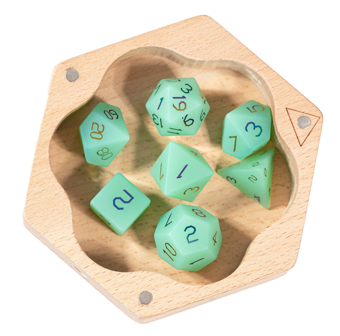 Ensemble de 7 dés polyédriques plaqués opaline verte 