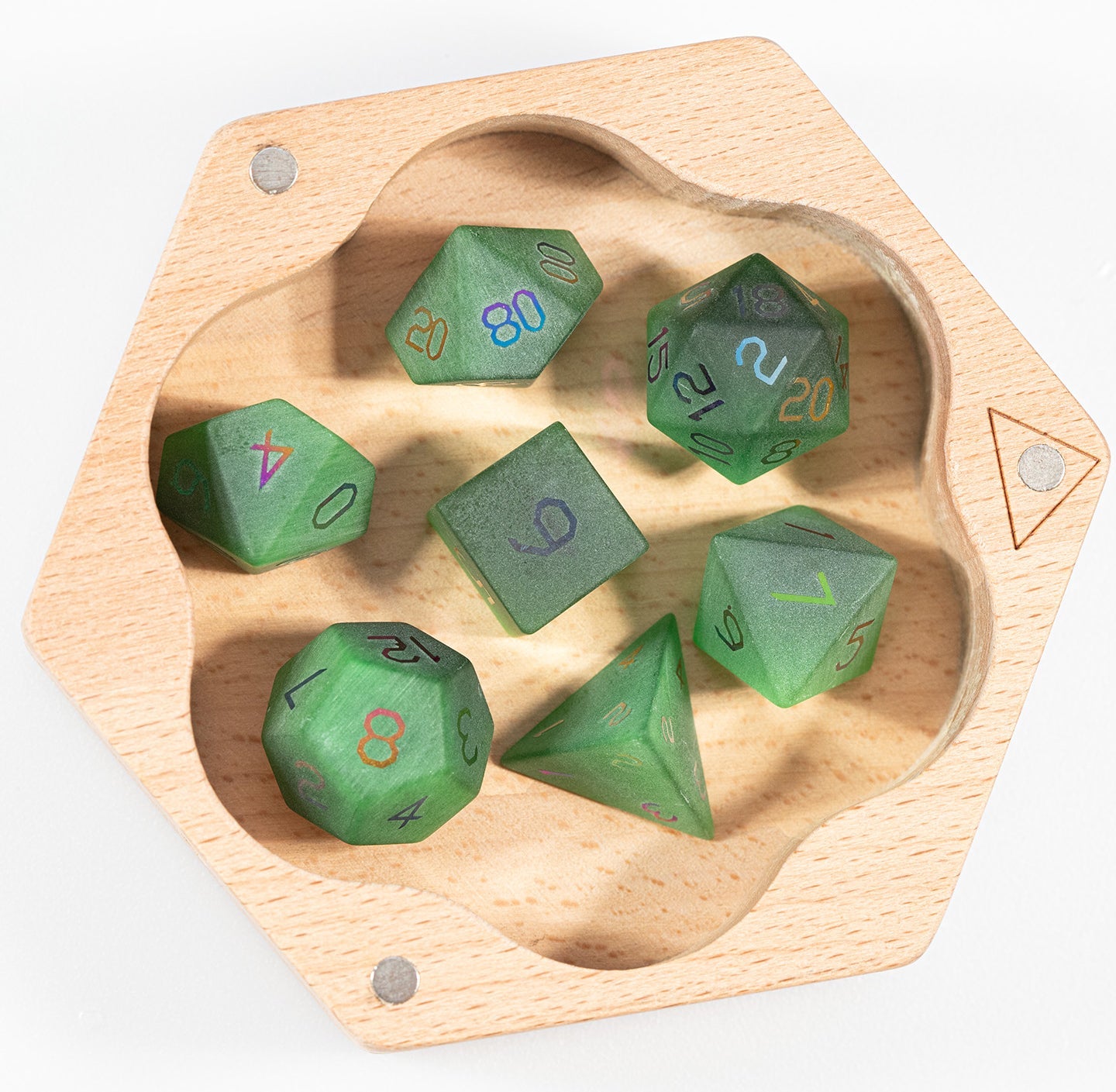 Ensemble de 7 dés polyédriques plaqués œil-de-chat émeraude 