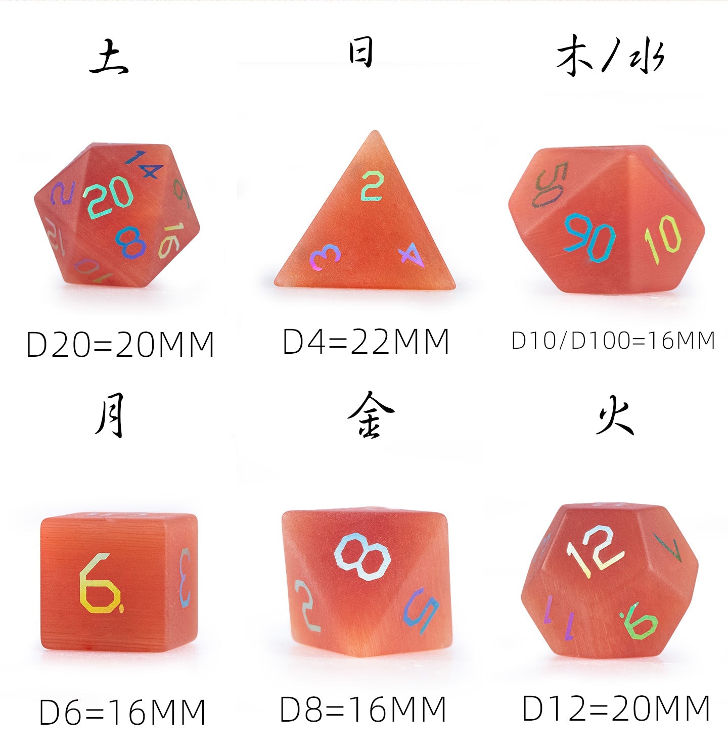 Ensemble de 7 dés polyédriques plaqués œil de chat cramoisi 