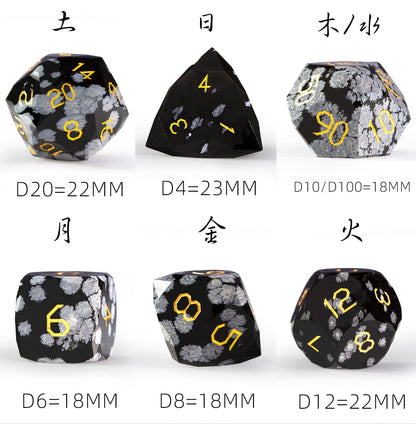 Ensemble de 7 dés en obsidienne flocon de neige taillée en diamant 