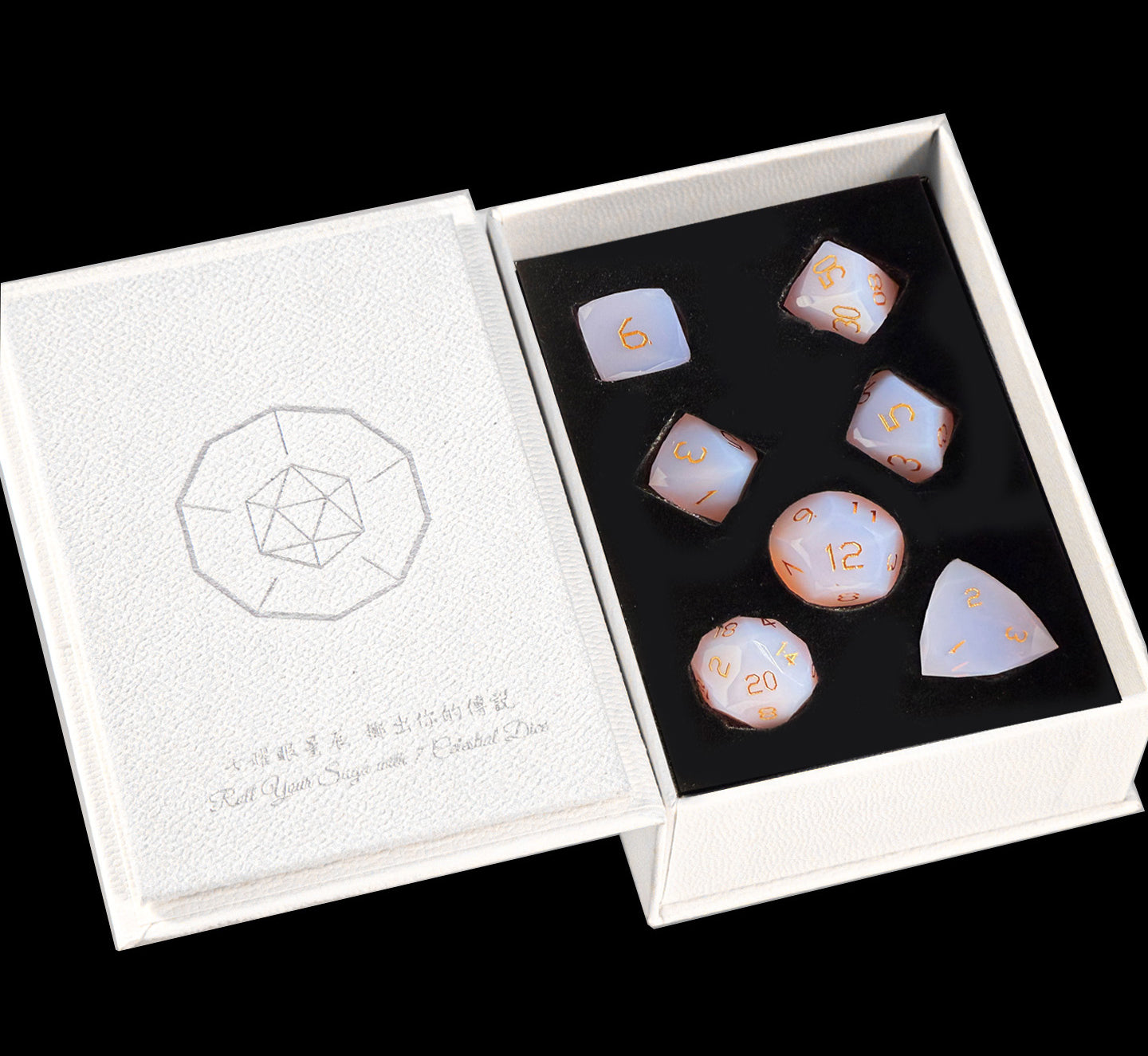 Ensemble de 7 dés en opale rose taillée en diamant 