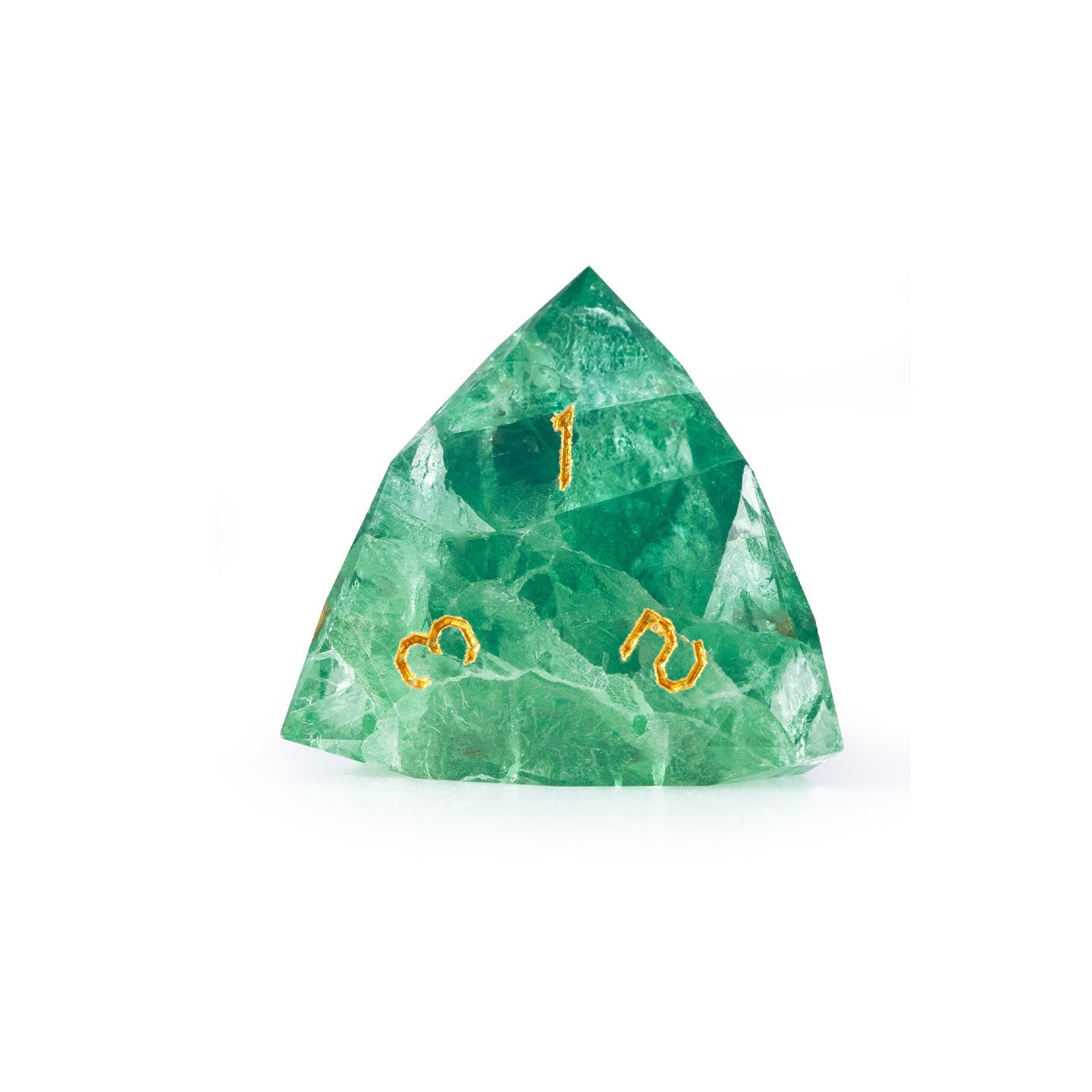 Ensemble de 7 dés en fluorite verte taillée en diamant 