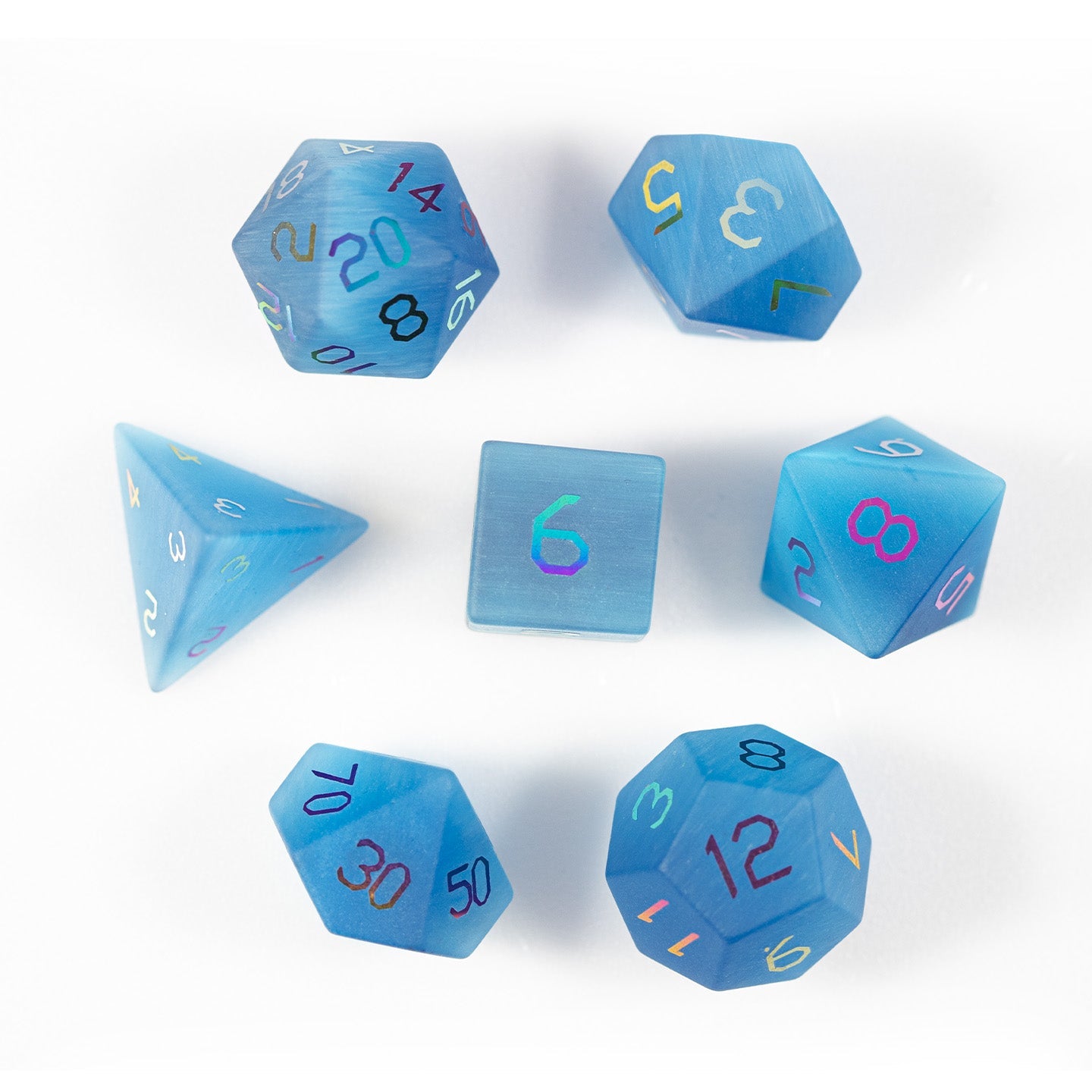 Ensemble de 7 dés polyédriques bleu océan à motif œil-de-chat 