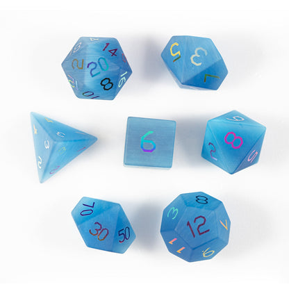 Ensemble de 7 dés polyédriques bleu océan à motif œil-de-chat 