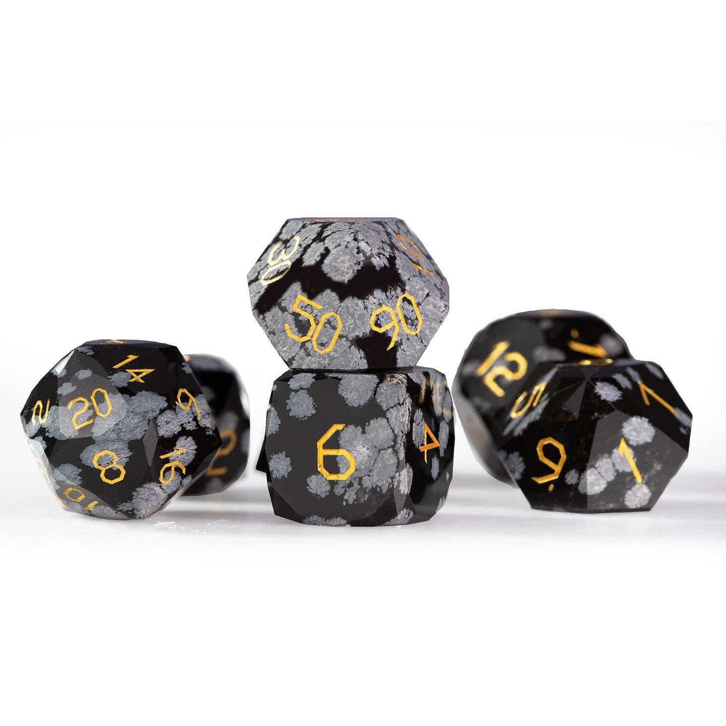 Ensemble de 7 dés en obsidienne flocon de neige taillée en diamant 