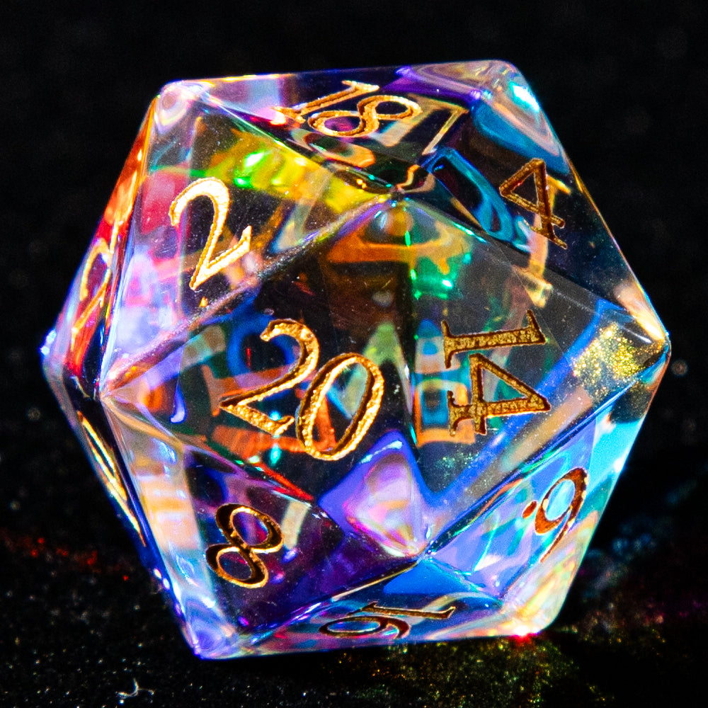 Multi-faceted Prism Glass Gemstone Engraved Dice Set (Colour)