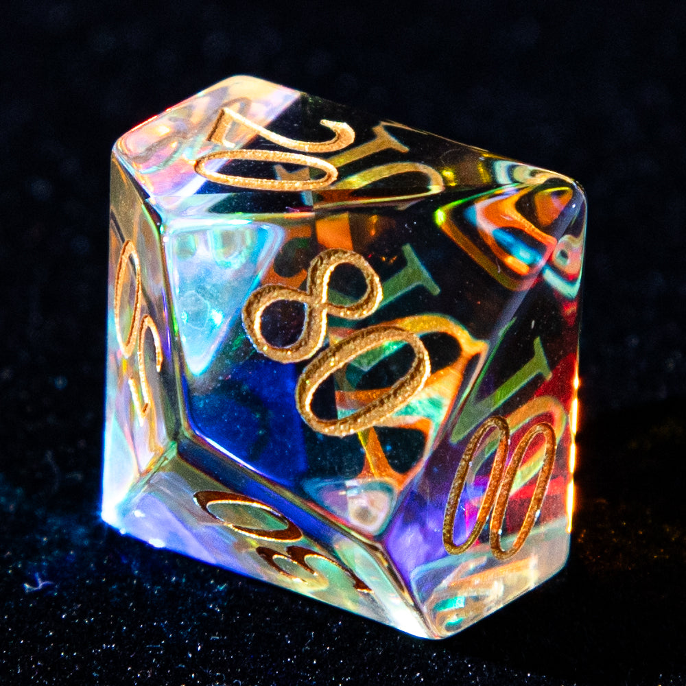 Multi-faceted Prism Glass Gemstone Engraved Dice Set (Colour)