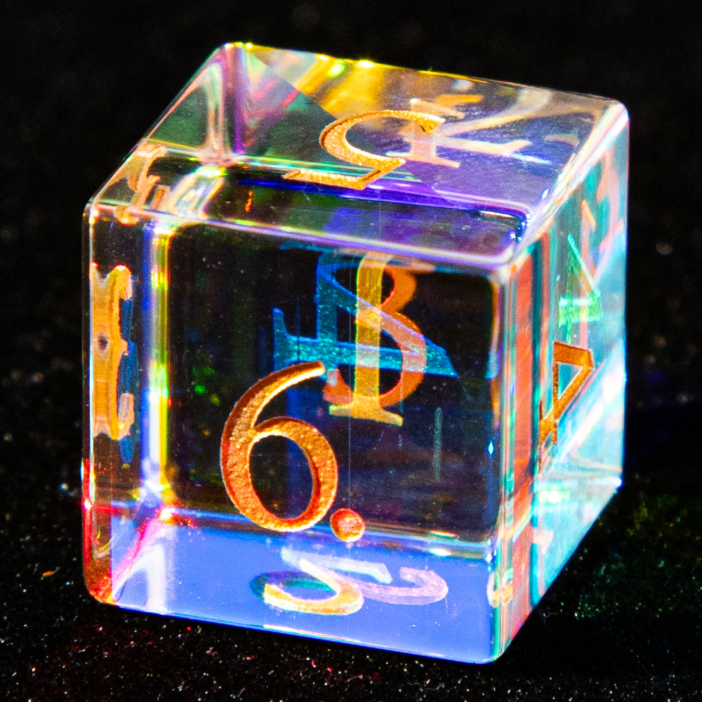 Multi-faceted Prism Glass Gemstone Engraved Dice Set (Colour)