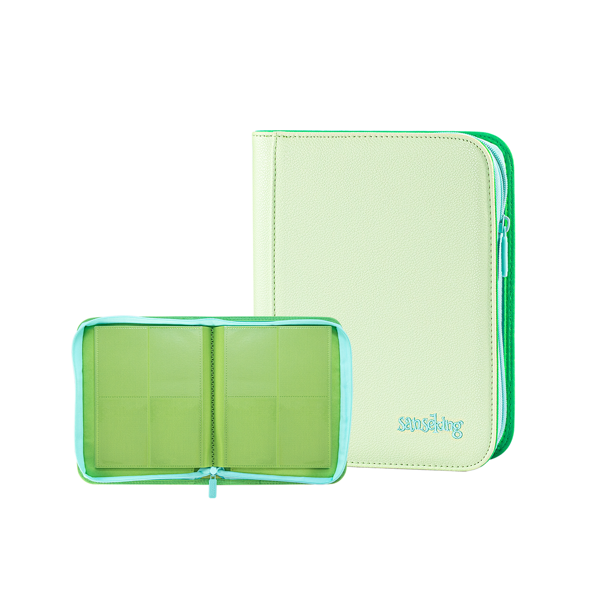Sanseking AXIS-SK Light Green 4-pocket binder open with matching closed binder