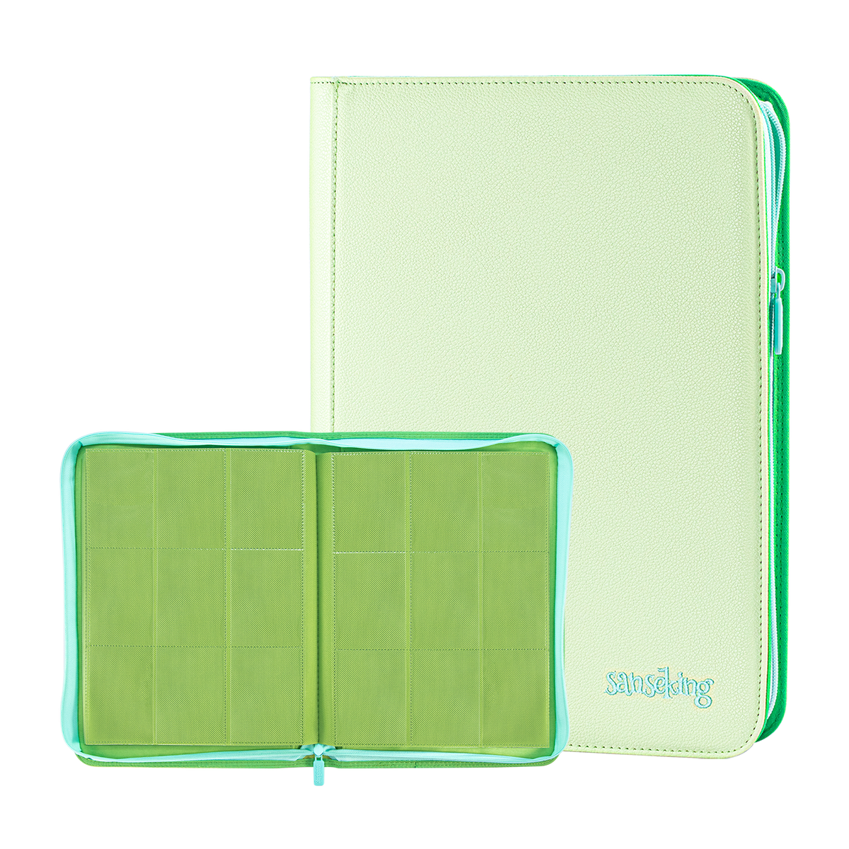 Sanseking AXIS-SK Light Green 9-pocket binder open with matching closed binder