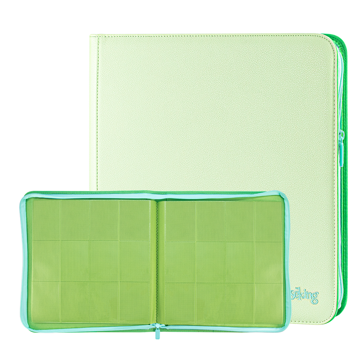 Sanseking AXIS-SK Light Green 12-pocket binder open with matching closed binder