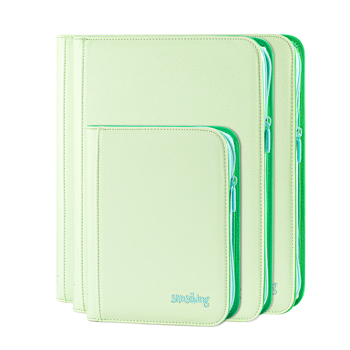Sanseking AXIS-SK Light Green 4-pocket, 9-pocket and 12-pocket binders stacked together