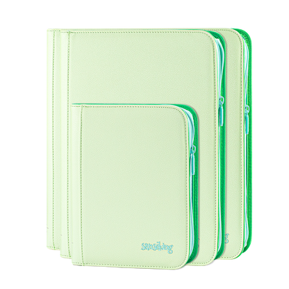 Sanseking AXIS-SK Light Green 4-pocket, 9-pocket and 12-pocket binders stacked together