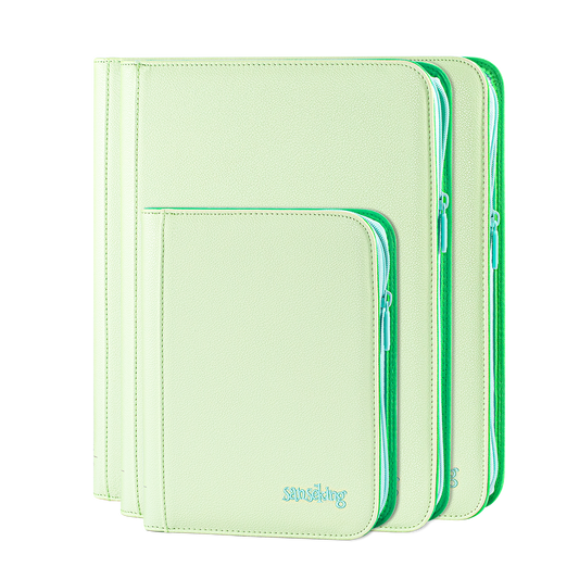 Sanseking AXIS-SK Light Green 4-pocket, 9-pocket and 12-pocket binders stacked together