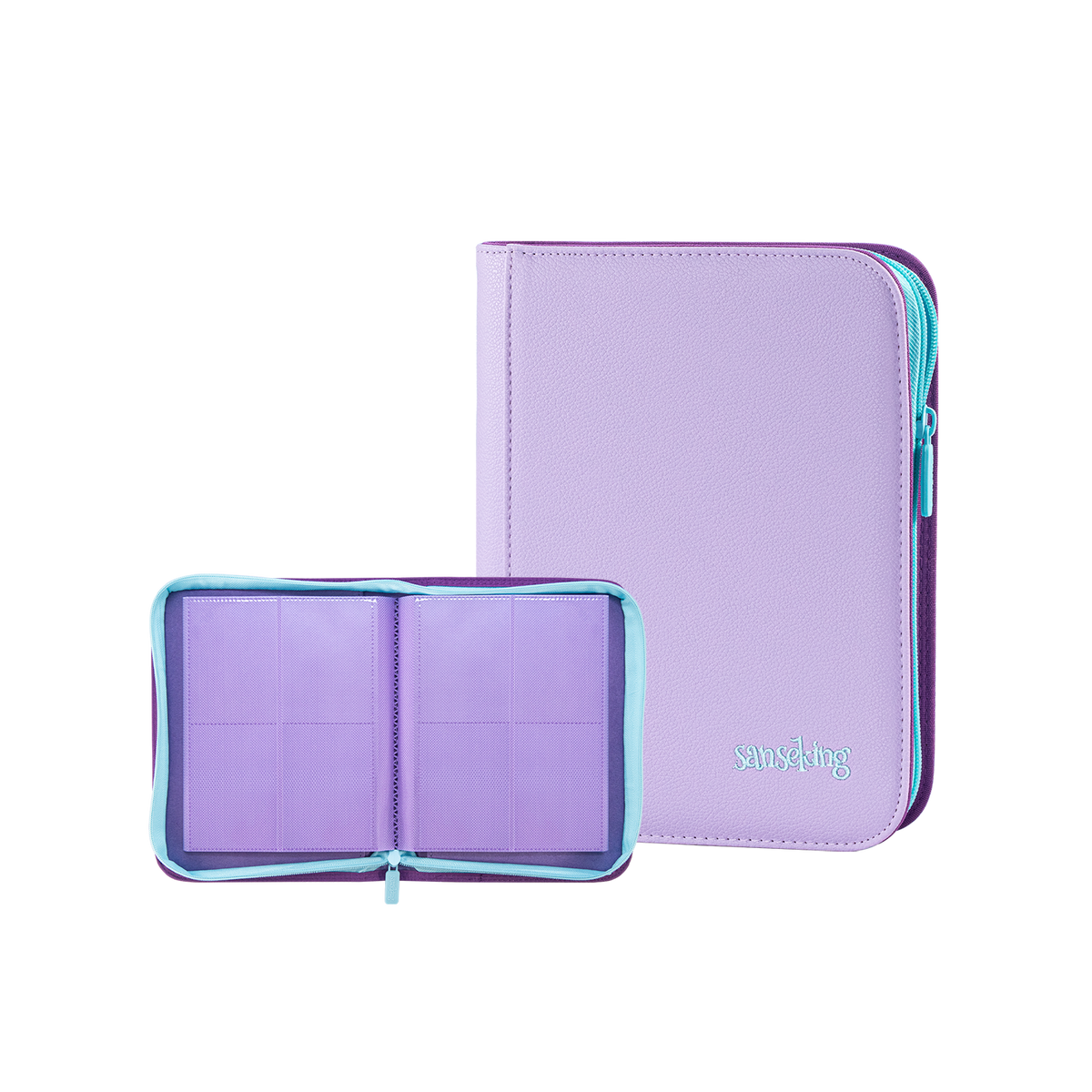 Sanseking AXIS-SK Purple 4-pocket binder open with matching closed binder